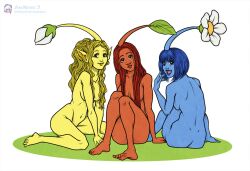 3girls a alien alien_girl alien_humanoid annamatronic antennae anthro blue_pikmin cute elemental_creature elemental_humanoid flower humanoid leaf looking_back multiple_girls nude nude_female pikmin pikmin_(species) plant_girl red_pikmin smile yellow_pikmin