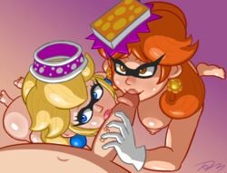 1boy 2girls ass barefoot bimbo blonde_hair blue_eyes breasts brown_eyes callie_(splatoon)_(cosplay) cock_worship collaborative_fellatio cosplay crossover double_fellatio earrings feet fellatio female gloves handjob hat kneeling long_hair looking_at_another male marie_(splatoon)_(cosplay) mario_(series) mask multiple_fellatio multiple_girls nintendo nipples nude oral orange_hair penis pov princess_daisy princess_peach simple_background splatoon squid_sisters_(cosplay) straight teamwork unseen_male_face ymmot392