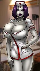 1girls 2011 aged_up big_breasts bob_cut breasts busty cleavage dc dc_comics eyeliner female female_only goth grey_skin large_breasts lipstick makeup nurse nurse_cap nurse_uniform rachel_roth raven_(dc) solo straight_hair teen_titans voluptuous wilko