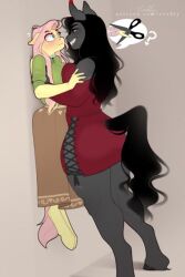 2girls anthro anthro_on_anthro black_hair blue_eyes dress evehly fangs female female_on_female female_only fluttershy_(mlp) furry furry_female furry_tail genderbend genderswap hooves horse_girl king_sombra_(mlp) multiple_girls my_little_pony pink_hair red_eyes rule_63 scissors tagme