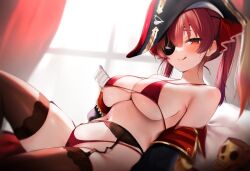 1girls bare_shoulders black_headwear black_thighhighs blush breasts cleavage garter_straps hair_between_eyes hair_ribbon hololive hololive_fantasy hololive_japan houshou_marine large_breasts licking_lips long_hair looking_at_viewer maru_ccy on_side red_bikini red_eyes red_hair red_ribbon solo twintails virtual_youtuber