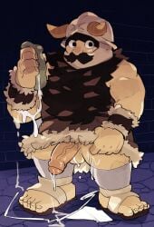 balls beard black_hair clothing cum delicious_in_dungeon dungeon_meshi dwarf facial_hair flaccid helmet male male_only masculine pantsless penis senshi_(dungeon_meshi) snkkdlt solo solo_male