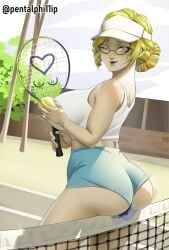 blonde_hair female female_only glynda_goodwitch green_eyes pentalphi11ip rwby tennis_outfit tennis_racket tennis_uniform