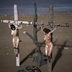 2girls 3d black_hair blood brown_hair crown_of_thorns crucifixion hlt1w lara_croft lara_croft_(survivor) large_breasts nailed_to_cross nude nude_female running_mascara runny_makeup samantha_nishimura skull tomb_raider tomb_raider_(survivor)