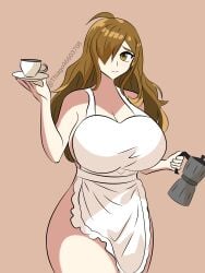 apron apron_only big_breasts brown_hair coffee_cup hair_between_eyes hair_over_one_eye kono_subarashii_sekai_ni_shukufuku_wo! naked naked_apron tfa_(artist) wiz_(konosuba)