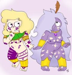 2018 2girls absurd_res amethyst_(steven_universe) artist_signature big_breasts blonde_hair body_paint cartoon_network chubby chubby_female commission digital_media_(artwork) gem_(species) jewelry jewelry_only light-skinned_female light_skin ms10 multiple_girls necklace nipple_piercing pierced_nipples piercing piercings purple_hair purple_skin ring sadie_miller shortstack simple_background steven_universe toe_ring tribal uncensored