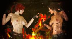 2girls 3d brown_hair doppelganger_(tomb_raider) fingerless_gloves fire gloves lara_croft medium_breasts nudality nudality_(artist) ponytail red_hair tomb_raider topless