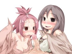 1boy 2girls bangs_pinned_back bare_shoulders blush bmp-to-png_conversion breasts brown_eyes brown_feathers brown_hair brown_wings censored cleavage cum facial feathered_wings feathers harpy long_hair looking_at_penis medium_breasts mon-musu_quest! monster_girl mosaic_censoring multiple_girls non-web_source open_mouth penis pii_(mon-musu_quest!) pina_(mon-musu_quest!) pov red_hair siblings sisters small_breasts transparent_background winged_arms wings