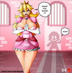 1boy 1girls bare_legs blonde_hair blue_eyes breasts cleavage crown dialogue dress earrings elbow_gloves english_text female female_focus gloves indoors large_breasts long_hair male mario mario_(series) nintendo offscreen_character open_mouth page_4 princess_peach silhouette solo_focus speech_bubble standing super_mario_bros. text witchking00