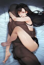 1boy 1girls ai_generated black_hair blush clothed_sex clothing cowgirl_position dark-skinned_male dark_skin final_fantasy final_fantasy_vii fucked_silly hug kaikoi long_hair netorare pain red_eyes sex skirt sweat thick_thighs tifa_lockhart