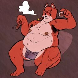 2023 anthro armpit_hair belly big_belly bodily_fluids body_hair bulge clothing domestic_cat dot_eyes felid feline felis goro_(mappy) male mammal mappy moobs navel nipples overweight overweight_male pokonuki red_body simple_background sitting smoking solo sweat underwear