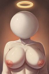 1girls ai_generated faceless_character faceless_female female halo large_breasts light light_skin no_face simple_background white_body white_breasts