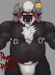 absurd_res anthro beard black_body black_fur body_hair bovid bovine bulge cattle chest_hair chest_tuft clothed clothing demonrat facial_hair facial_piercing fur hair hi_res jewelry male mammal nipple_piercing nipples nose_piercing piercing solo stangel_(demonrat) tattoo tuft underwear