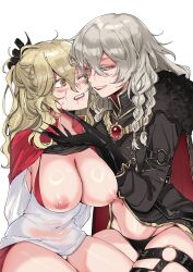 2girls areolae big_breasts black_clothing black_panties blonde_hair blood blush braid breasts coat genderswap_(mtf) gloves grey_eyes grey_hair hahi_hos hair_between_eyes hair_grab identity_v incest ithaqua_(identity_v) light-skinned_female light_skin long_hair multiple_girls nathaniel_norwell navel nipples one_eye_closed panties smile sweatdrop white_hair yellow_eyes yuri