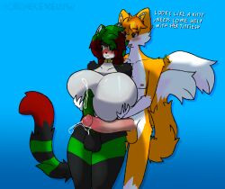 anthro big_breasts big_penis blush bodily_fluids breast_grab breast_squish breasts canid canine chromer.exe chromer_exe collar collar_only domestic_cat duo erection felid feline felis fox genital_fluids genitals green_eyes green_hair green_nipples green_penis hair hand_on_breast hi_res huge_breasts huge_cock intersex intersex/male kutsune_the_fox male mammal nipples nude penis precum size_difference squish tail text