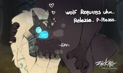 2boys balls big_balls blush canine canine_genitalia canine_penis claws english_text kindred lamb_(league_of_legends) league_of_legends male male/male male_only mask masked_male penis precum precum_drip riot_games text wolf zackary911