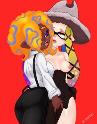 2girls artist_name bare_shoulders black_dress black_pants blonde_hair breasts breasts_apart breasts_out cowboy_shot dark-skinned_female dark_skin dress fingering fingering_through_clothes grey_eyes grey_headwear highres long_sleeves medium_breasts multicolored_hair multiple_girls nipples open_mouth orange_hair pants purple_eyes purple_hair red_background shirt shirt_tucked_in simple_background splatoon splatoon_(series) splatoon_3 tao_blu_(splatoon) tentacle_hair through_clothes vcampan white_shirt yoko_(splatoon) yuri