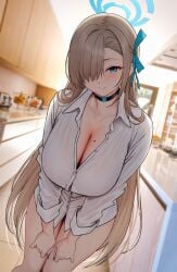 1girl 1girls asuna_(blue_archive) blonde_hair blue_archive blue_eyes breasts choker cleaning_&_clearing_(blue_archive) cleavage female hair_over_one_eye halo huge_breasts indoors light-skinned_female light_skin long_hair millennium_science_school_student mole mole_on_breast shirt shirt_only smile solar_(happymonk)