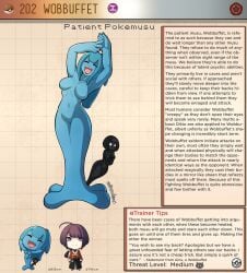 blue_hair blue_skin breasts creature_index english_text female female_focus front_view generation_2_pokemon hi_res kinkymation long_hair monster_girl nintendo nude page_202 page_number pokémon_(species) pokedex pokemon pokemorph pokemusu profile standing text_box wobbuffet