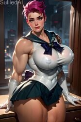 1girls ai_generated aleksandra_zaryanova big_breasts bishoujo_senshi_sailor_moon breasts clothing cosplay crossover female female_only green_eyes large_breasts muscular muscular_female overwatch overwatch_2 pink_hair pixie_cut sailor_moon_(cosplay) sailor_uniform short_hair skirt solo sulliedai thick_thighs wide_hips zarya