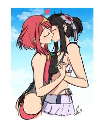 2girls alternate_costume breasts closed_eyes crossover emeruga female female_only final_fantasy final_fantasy_vii kissing lesbian nintendo pyra swimsuit tagme tifa_lockhart xenoblade_(series) xenoblade_chronicles_2 yuri