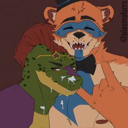 alligator_tail animatronic anthro background biceps blush blush_lines body_markings closed_eyes cum cum_on_body cum_on_face embarrassed facial_markings five_nights_at_freddy's five_nights_at_freddy's:_security_breach fnaf glamrock_freddy_(fnaf) green_body happy lighting_bolt looking_at_viewer machine male male/male male_focus male_only mohawk mohawk_(hairstyle) montgomery_gator_(fnaf) muscular muscular_anthro muscular_arms muscular_male muscular_thighs non-human non_mammalian_nipples pink_glans red_hair reptile reptile_humanoid robot robot_humanoid simple_background spiked_bracelet spotted_body tail tail_markings tattoo two_tone_body two_tone_fur ursid ursid_humanoid