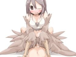 1boy bare_shoulders bird_legs blush bmp-to-png_conversion breasts brown_eyes brown_feathers brown_hair brown_wings censored cleavage cowgirl_position feathered_wings feathers female frfr hair_between_eyes harpy long_hair medium_breasts midriff mon-musu_quest! monster_girl mosaic_censoring navel non-web_source one_eye_closed open_mouth pina_(mon-musu_quest!) pov sex straddling straight sweat tank_top transparent_background white_tank_top winged_arms wings