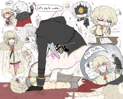 2boys anal anal_sex blonde_hair book censored chains coat collar dialogue gay identity_v ithaqua_(identity_v) kneeling light-skinned_male light_skin mask missionary_position nathaniel_norwell sex short_hair smile speech_bubble sweat text white_background white_hair yaoi