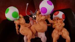 1boy 3d 3d_(artwork) 3futas abs biceps brown_hair crossover diag34k frottage frotting futa_with_male futanari green_hair male_on_futa mario_(series) muscles muscular muscular_female muscular_futanari muscular_male muscular_thighs mushroom mushroom_girl mushroom_humanoid nintendo original original_character paper_mario penises_touching pink_hair sole_(saltyman66) tagme toad_(mario) traveling_sisters_3