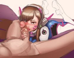 1boy 1girls 2d ass blizzard_entertainment bodysuit brown_eyes brown_hair clothed_female_nude_male d.va erection fellatio female headphones legs_up long_hair lying male on_stomach oral overwatch partial_male penis solo_focus straight the_pose tumtumisu uncensored video_games whisker_markings