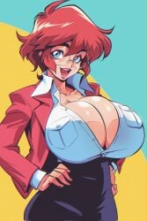 1girls balak big_breasts blue_eyes breasts breasts_bigger_than_head cleavage female glasses hi_res huge_breasts maxine_(balak) red_hair short_hair smile solo solo_female tagme voluptuous white_shirt