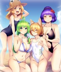 4girls ahoge animal_ears bare_arms bare_legs bare_shoulders barefoot bikini black_one-piece_swimsuit blonde_hair blush brown_headwear cleavage closed_mouth collarbone fox_ears fox_shadow_puppet green_eyes green_hair hair_ornament hat highres kanako_yasaka kneeling kochiya_sanae kudamaki_tsukasa large_breasts leaf_hair_ornament long_hair mature_female milf moriya_suwako multiple_girls navel older_female one-piece_swimsuit open_mouth purple_hair sanae_kochiya short_hair smile suwako_moriya swimsuit tarmo touhou white_bikini white_one-piece_swimsuit yasaka_kanako yellow_eyes