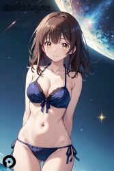 ai_generated arms_behind_back ass_visible_through_thighs bangs bare_shoulders bikini blue_bikini breasts brown_eyes brown_hair cleavage closed_mouth collarbone cowboy_shot female front-tie_top halterneck hige_wo_soru._soshite_joshikousei_wo_hirou. long_hair looking_at_viewer medium_breasts navel ogiwara_sayu pikkiwynn side-tie_bikini_bottom sky smile solo star_(sky) starry_sky stomach string_bikini swimsuit thigh_gap