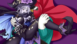 arfoire black_legwear breasts clothes_in_pussy clothes_penetration clothing_skin female forced_in_fabric hat high_heels highres long_hair medium_breasts neptunia_(series) pantyhose penetration penis pointy_ears purple_hair rape red_eyes sex spread_legs tears through_clothes vaginal_penetration