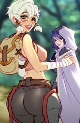 2girls blushypixy dungeons_and_dragons kaye_(blushypixy) looking_at_viewer multiple_girls purple_hair rogue_(spicy_quest) tan_body white_hair white_skin