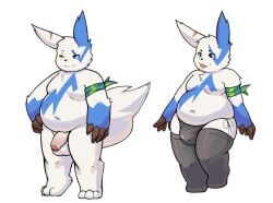 2024 absurd_res anthro balls belly blue_body bulge clothing generation_3_pokemon genitals hi_res kemono male moobs navel nintendo overweight overweight_male penis pokemon pokemon_(species) reiko_u shiny_pokemon simple_background solo tongue tongue_out underwear white_background white_body zangoose