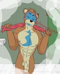 brown_fur closed_eyes closed_mouth five_nights_at_freddy's five_nights_at_freddy's:_security_breach fnaf glamrock_freddy_(fnaf) male male_focus male_only red_towel scottgames showering simple_background simple_coloring simple_shading steam steaming_body towel towel_around_neck two_tone_body veiny_penis