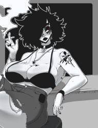 big_breasts bra choker cigarette goth goth_girl gps-device huge_breasts lipstick messy_hair monochrome pants tagme