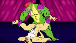 alligator_tail animated animatronic anthro background biceps body_markings facial_markings five_nights_at_freddy's five_nights_at_freddy's:_security_breach fnaf green_body jiggle jiggling jiggling_ass lighting_bolt machine male male/male male_focus male_only mohawk mohawk_(hairstyle) montgomery_gator_(fnaf) muscular muscular_anthro muscular_arms muscular_male muscular_thighs non-human non_mammalian_nipples oc oc_x_canon pink_glans pink_nipples red_hair reptile reptile_humanoid robot robot_humanoid scottgames simple_background spiked_bracelet spotted_body tail tail_markings tattoo two_tone_body two_tone_fur veins veiny_muscles veiny_penis