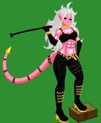 1girls abs android_21 android_21_(evil) bdsm_outfit belly_button black_sclera d-rock dragon_ball dragon_ball_fighterz dragon_ball_z female female_only looking_at_viewer majin_android_21 medium_breasts muscular_arms muscular_female muscular_thighs navel pink_skin pointy_ears red_eyes six_pack smiling_at_viewer solo spiked_hair tail