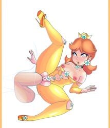 1boy 1girls anal anal_sex blue_eyes bodysuit breasts brown_hair choker color colored colorized crown earrings edit female high_heels jontxu legoman mario_(series) nintendo nipples penetration penis princess_daisy pussy sex third-party_edit unseen_male_face white_background