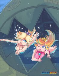 2girls air_bubbles big_breasts bikini drowning female female_only ichduhernz mario_(series) nintendo princess_peach princess_rosalina super_mario_bros. super_mario_galaxy swimming underwater water