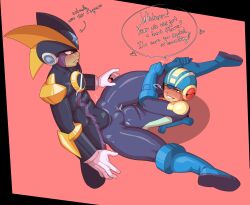 2024 2boys bass_(mega_man) bigboygun532 blush bodysuit bulge capcom dialogue english_text gay green_eyes grin half-closed_eyes heart heart helmet male male/male male_only mega_man mega_man_(character) mega_man_battle_network mega_man_nt_warrior megaman.exe narrowed_eyes red_eyes rockman rockman_exe rockman_exe_(character) smile sweat teeth text yaoi