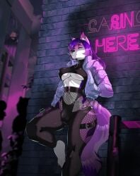 alley andytakker anthro belt belt_buckle breasts buckle bulge canid canine canis chains city city_background city_night city_wall clothing fishnet_clothing fishnet_legwear fox futa_only futanari gear gynomorph hand_in_jacket hand_in_jacket_pocket hand_in_pocket hi_res intersex leaning leaning_on_wall leather leather_clothing legwear mammal neon neon_lights night_city pockets public sarah_(d4xt3r) solo solo_futa stockings thick_thighs thigh_highs under_boob waiting