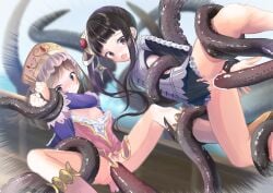 arms_behind_back ass atelier_(series) atelier_totori bar_censor black_hair black_shorts blue_shirt blush boots bottomless breasts brown_eyes brown_hair censored echi_kanichi hat highres knee_boots legs long_hair mimi_houllier_von_schwarzlang nipples octopus open_mouth outdoors pink_footwear pink_headwear pink_shirt purple_eyes pussy rape restrained shirt short_shorts shorts side_ponytail small_breasts spread_legs suspension tentacle thighs torn_clothes torn_shorts totooria_helmold vaginal_penetration white_shirt