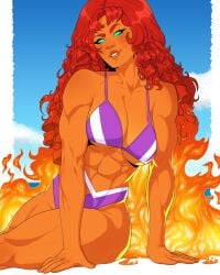 1girls abs alien alien_girl bikini blue_sky dc dc_comics dylan_macri fire green_eyes koriand'r muscular muscular_female orange_skin purple_bikini red_hair starfire starfire_(comics) teen_titans