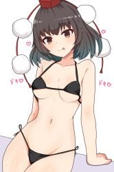 1girls :p bare_shoulders bikini black_hair blush commentary_request female finaltakenoko groin heart highres looking_at_viewer navel shameimaru_aya shiny_skin solo string_bikini swimsuit thighs tongue tongue_out touhou