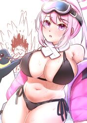 1animal 1boy 1girl 1girls black_bikini black_bikini_bottom black_bikini_top black_swimsuit blue_archive cameltoe doodle_sensei_(blue_archive) eimi_(blue_archive) eimi_(swimsuit)_(blue_archive) halo large_breasts millennium_science_school_student otawan partially_clothed_female penguin pink_hair purple_eyes sensei_(blue_archive) ski_goggles super_phenomenon_task_force_(blue_archive) sweat sweating swimsuit thick_thighs thighs