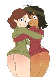 2girls artist_request ass black_eyes brown_hair dark-skinned_female dark_skin embracing_each_other female female_only green_sweater hilda_(series) johanna_(hilda) leah_stein-torres light-skinned_female light_skin looking_at_viewer looking_back milf multiple_girls red_sweater short_hair smiling smiling_at_viewer sweater sweater_only the_ghost_and_molly_mcgee thighs white_background wide_hips