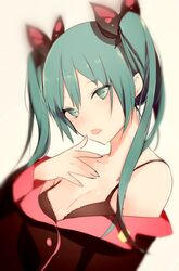 aqua_eyes aqua_hair aqua_nails bare_shoulders black_bra blush bra breasts butterfly_hair_ornament cleavage collarbone female finger_to_mouth hair_ornament hatsune_miku head_tilt jacket long_hair long_sleeves looking_at_viewer lp_(hamasa00) nail_polish off_shoulder project_diva short_hair simple_background solo tied_hair tongue tongue_out tsurime twintails underwear upper_body vocaloid